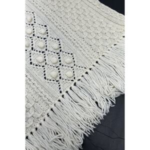 Hand Crocheted Ivory Afghan Textured Cable Bobble Fringe Throw Blanket Boho Mint